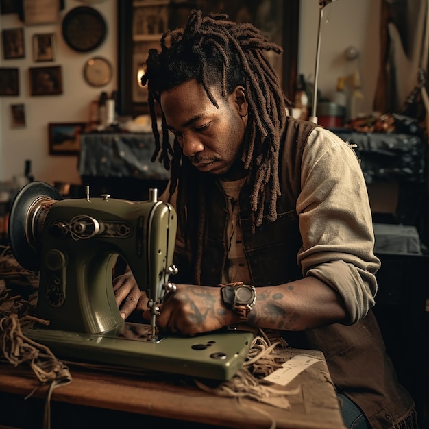 Un hombre africano de piel oscura con rastas cosía en una máquina de coser el trabajo de un maestro sastre