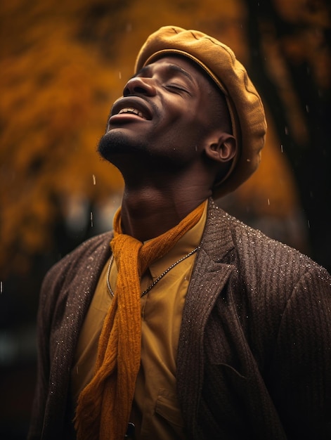 Hombre africano en pose dinámica emocional sobre fondo de otoño