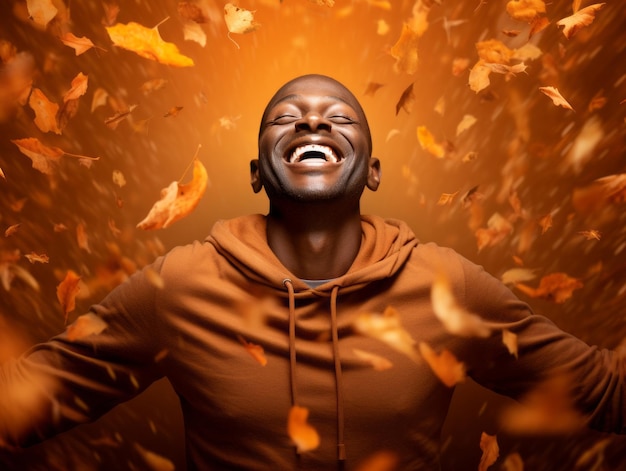 Hombre africano en pose dinámica emocional sobre fondo de otoño