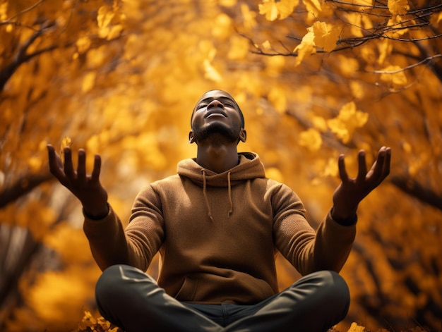 Hombre africano en pose dinámica emocional sobre fondo de otoño