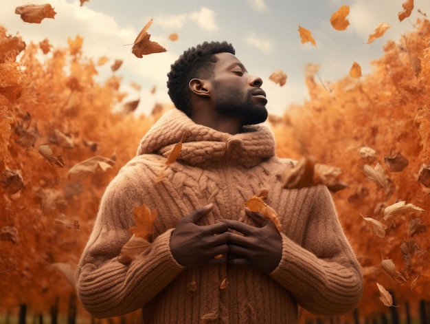 Hombre africano en pose dinámica emocional sobre fondo de otoño