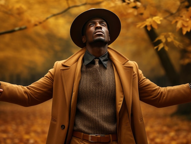 Hombre africano en pose dinámica emocional sobre fondo de otoño