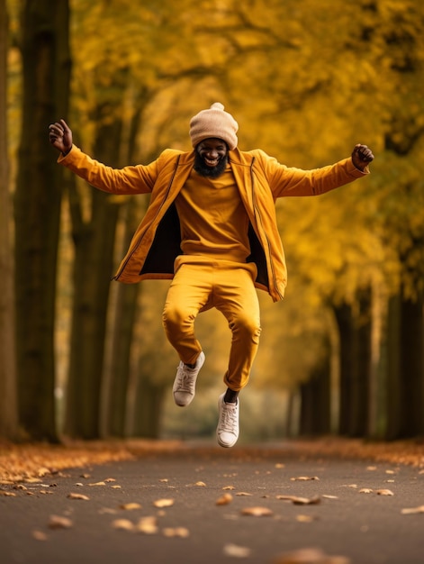 Hombre africano en pose dinámica emocional sobre fondo de otoño