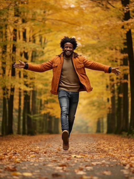 Hombre africano en pose dinámica emocional sobre fondo de otoño