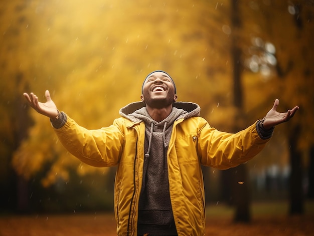 Hombre africano en pose dinámica emocional sobre fondo de otoño