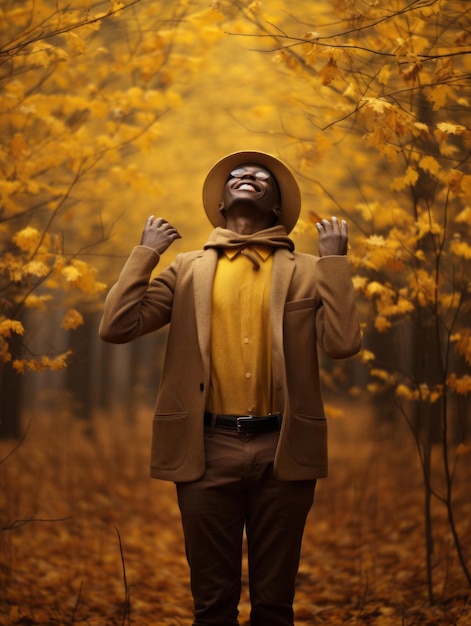 Hombre africano en pose dinámica emocional sobre fondo de otoño