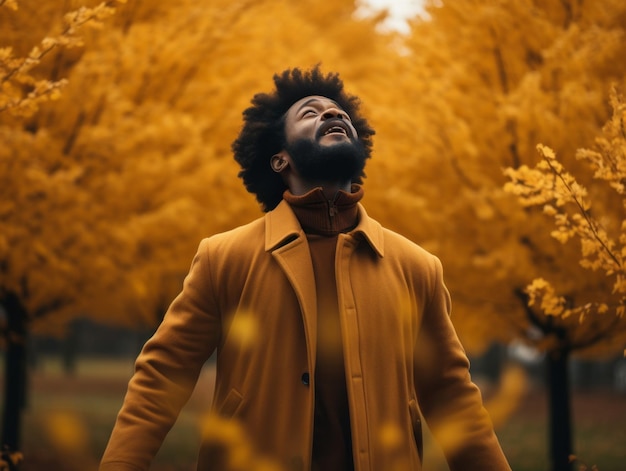 Hombre africano en pose dinámica emocional sobre fondo de otoño