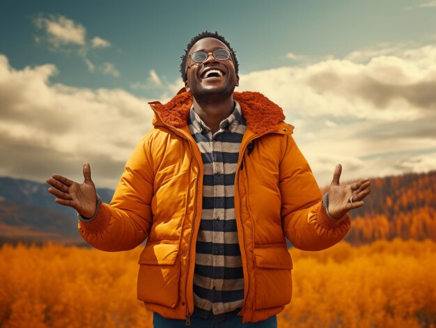 Hombre africano en pose dinámica emocional sobre fondo de otoño