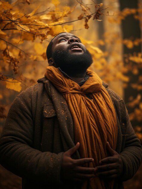 Hombre africano en pose dinámica emocional sobre fondo de otoño