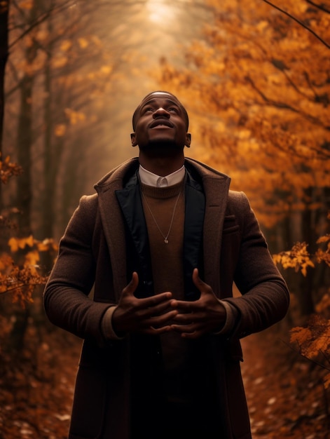 Hombre africano en pose dinámica emocional sobre fondo de otoño