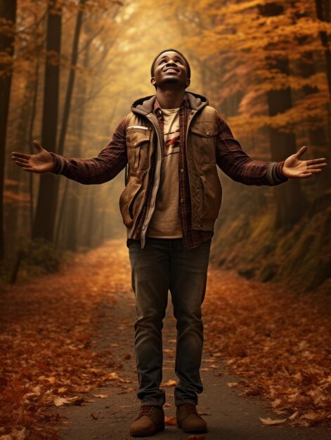 Hombre africano en pose dinámica emocional sobre fondo de otoño