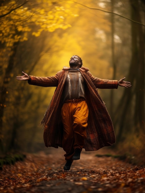 Hombre africano en pose dinámica emocional sobre fondo de otoño