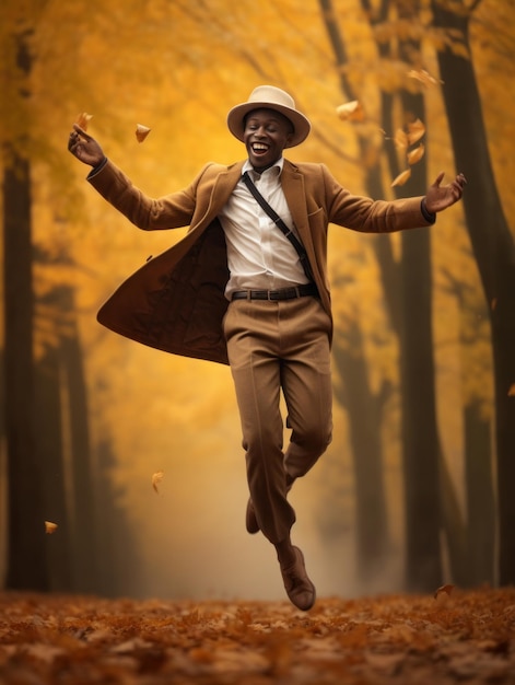 Hombre africano en pose dinámica emocional sobre fondo de otoño