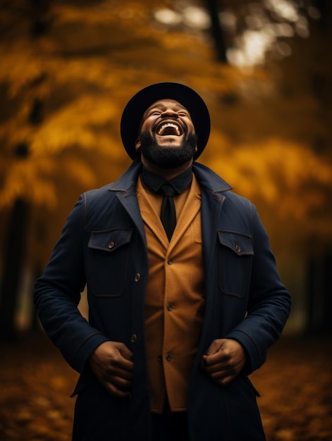 Hombre africano en pose dinámica emocional sobre fondo de otoño