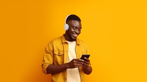 Hombre africano que usa la aplicación de teléfono mientras pasea contra un fondo amarillo IA generativa