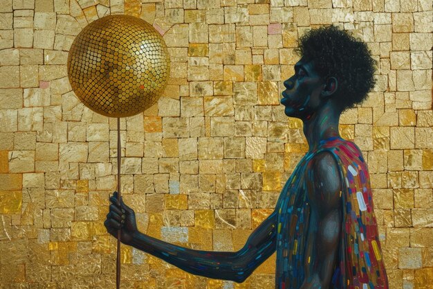 Foto un hombre africano con ropa colorida sobre un fondo dorado con un objeto de arte en la mano ilustración 3d