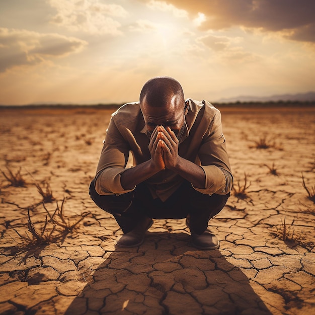un hombre africano se sentó doblado de rodillas en el suelo seco y las manos cerradas en su cara calentamiento global
