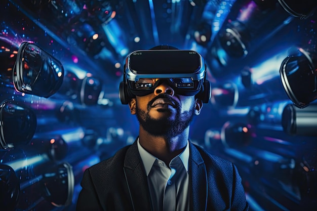 Hombre africano en traje con gafas de realidad virtual Fondo futurista azul Concepto futurista de tecnología VR y AR
