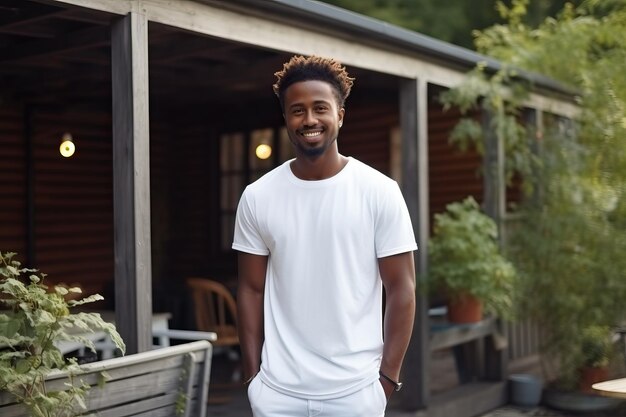 Foto hombre afro barbudo de piel oscura en el patio trasero de su casa con una camiseta blanca sencilla.