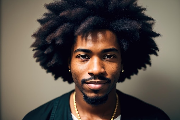 Un hombre con afro y camisa blanca.