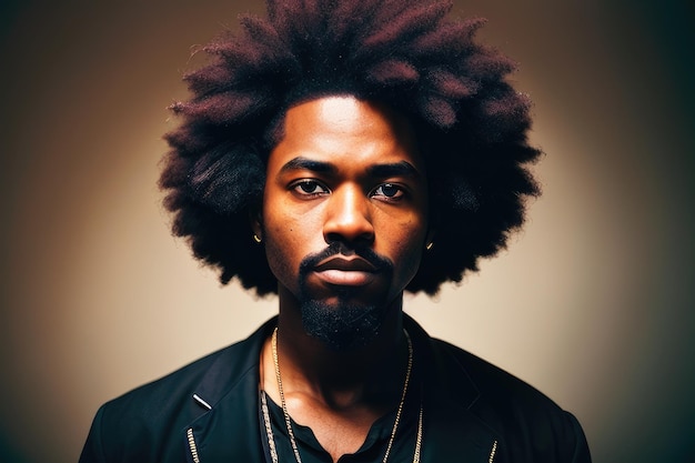 Un hombre con afro y un collar de oro.