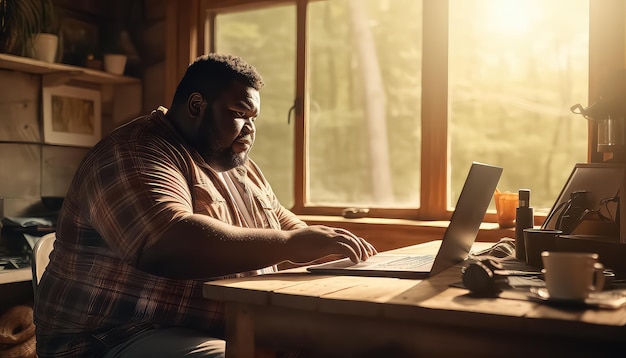 Hombre afro gordo y negro detrás de la computadora portátil