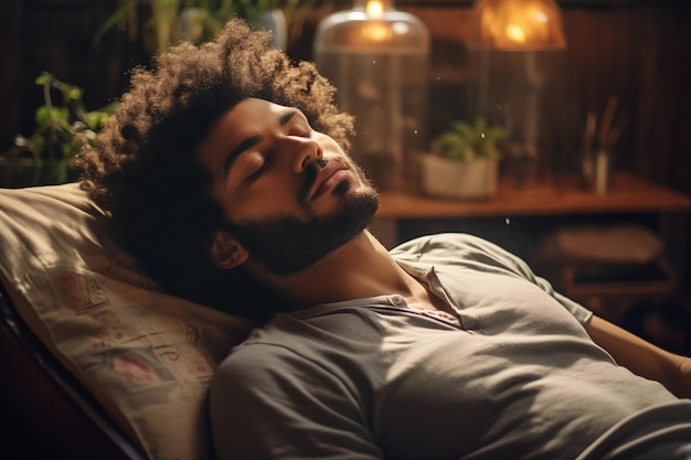 Un hombre afro relajado con dreadlocks en casa.