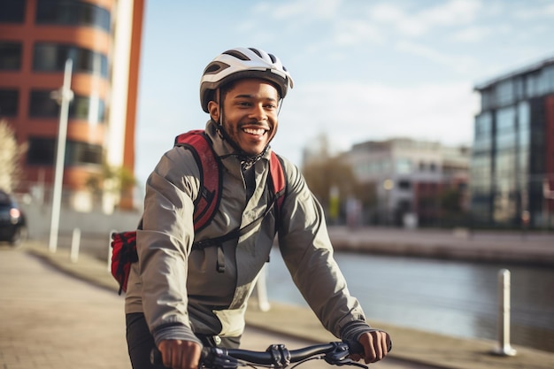 Hombre afroamericano alegre en casco montando bicicleta en la ciudad