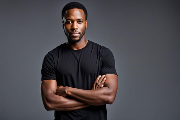 hombre afroamericano con una camiseta negra en blanco ideal como maqueta para diseños de logotipos o marcas