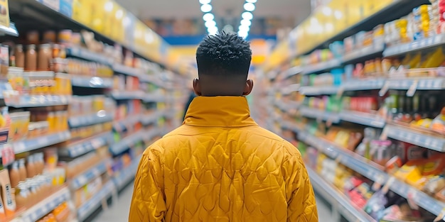 Hombre afroamericano comprando comestibles en un supermercado visto desde atrás Escena de supermercado de compras de comestibles Hombre africano americano de atrás Estilo de vida del consumidor