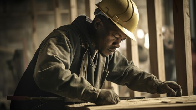 Hombre afroamericano de construcción de 30 años usando herramientas eléctricas en el sitio de construcción IA generativa AIG22