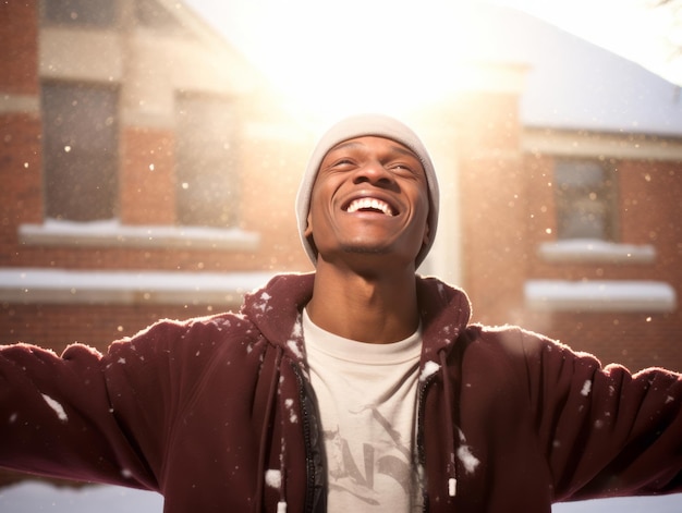 hombre afroamericano disfruta del día nevado de invierno en una postura dinámica emocional juguetona