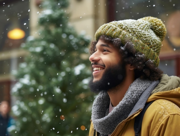 hombre afroamericano disfruta del día nevado de invierno en una postura dinámica emocional juguetona