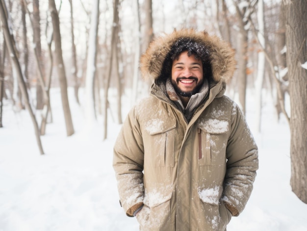 hombre afroamericano disfruta del día nevado de invierno en una postura dinámica emocional juguetona