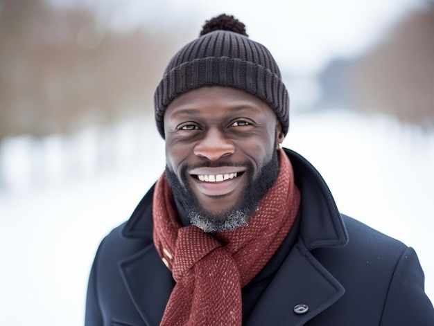 hombre afroamericano disfruta del día nevado de invierno en una postura dinámica emocional juguetona