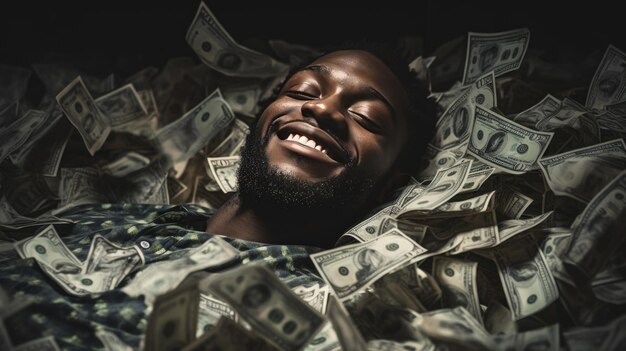 Un hombre afroamericano duerme en una cama un montón de dinero sonriendo en su sueño creado con tecnología de IA generativa