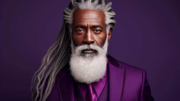 Foto hombre afroamericano de edad avanzada y guapo con el cabello largo con dreadlocks en un estandarte de fondo púrpura