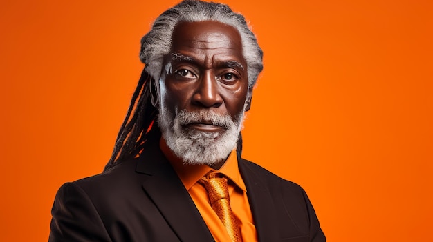 Foto hombre afroamericano de edad avanzada y guapo con el cabello largo con dreadlocks en un fondo naranja prohibido