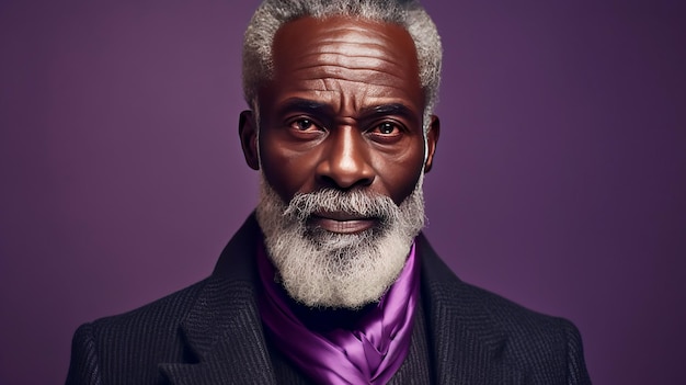 Hombre afroamericano de edad avanzada y guapo con el cabello largo con dreadlocks sobre un fondo púrpura