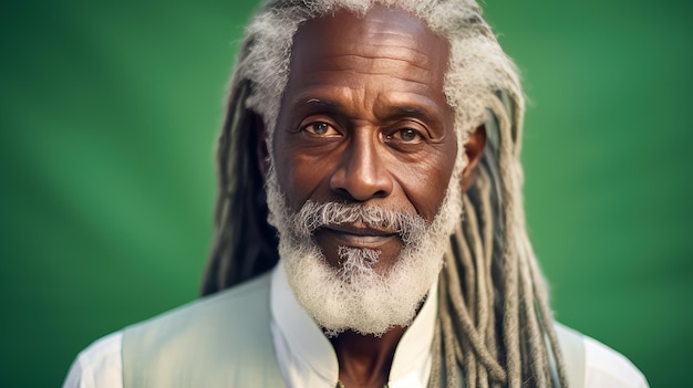 Hombre afroamericano de edad avanzada guapo con cabello largo con rastas en fondo verde claro b