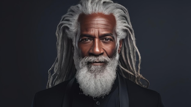 Hombre afroamericano de edad avanzada guapo con el pelo largo con rastas en un estandarte de fondo gris