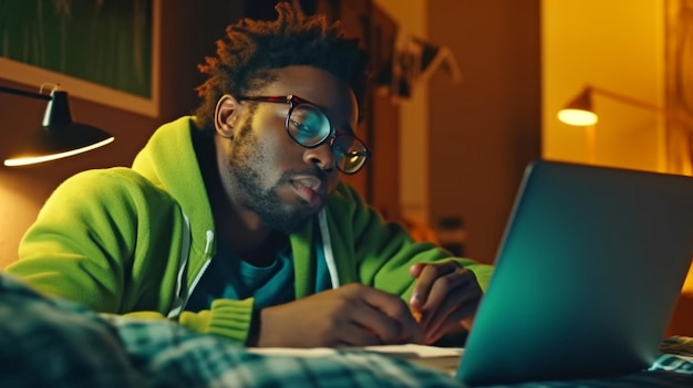 Hombre afroamericano enfocado con anteojos trabajando en un proyecto en una laptop toda la noche mientras se acuesta en la cama y usa IA generativa