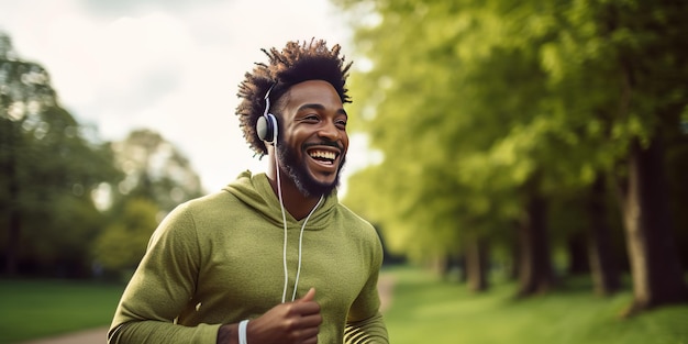 Hombre afroamericano feliz con auriculares y reloj inteligente corriendo en un parque verde escuchando música