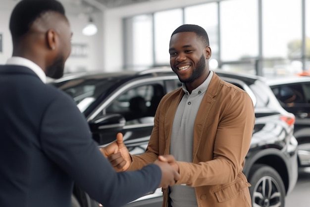 Hombre afroamericano feliz estrechando la mano con el vendedor después de comprar un coche nuevo en la sala de exhibición.