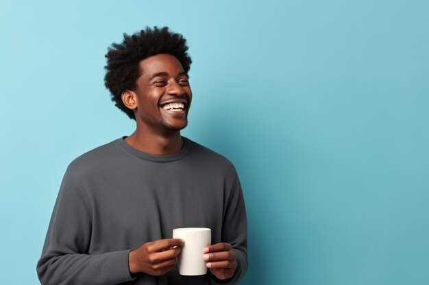 Hombre afroamericano feliz con una taza de café sobre un fondo blanco