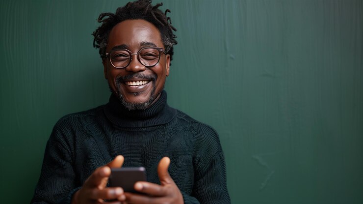 Un hombre afroamericano feliz con un teléfono celular en un fondo verde