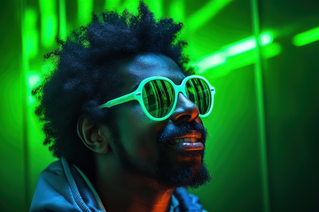 Hombre afroamericano con gafas de sol con luces de neón