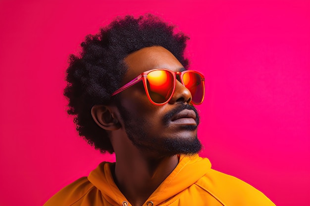 Hombre afroamericano con gafas de sol con luces de neón