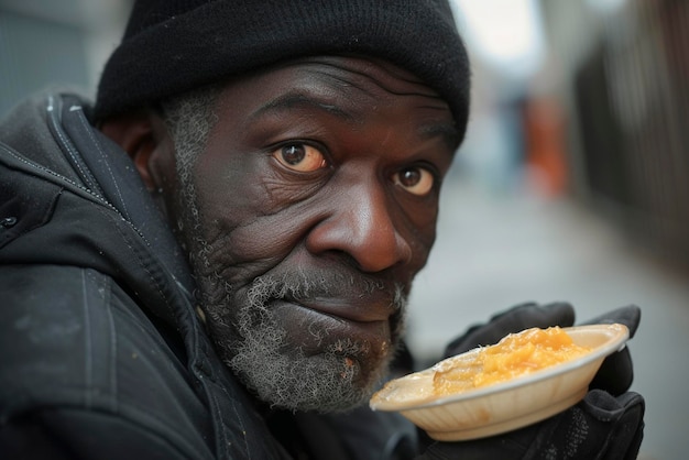 Un hombre afroamericano sin hogar come en una cantina callejera para los pobres