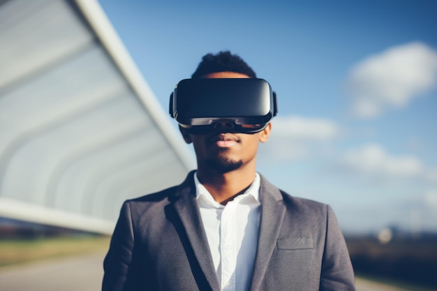 Hombre afroamericano hombre hombre de negocios tecnología informática hombre auriculares VR gafas de realidad virtual